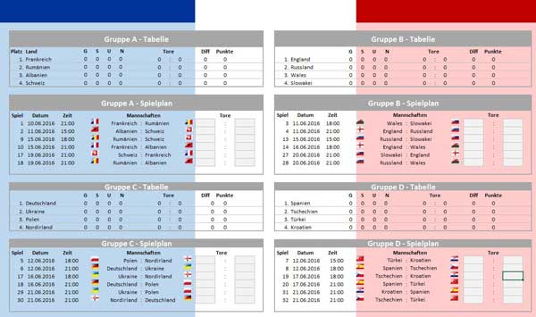 Excel EM 2016 Spielplan